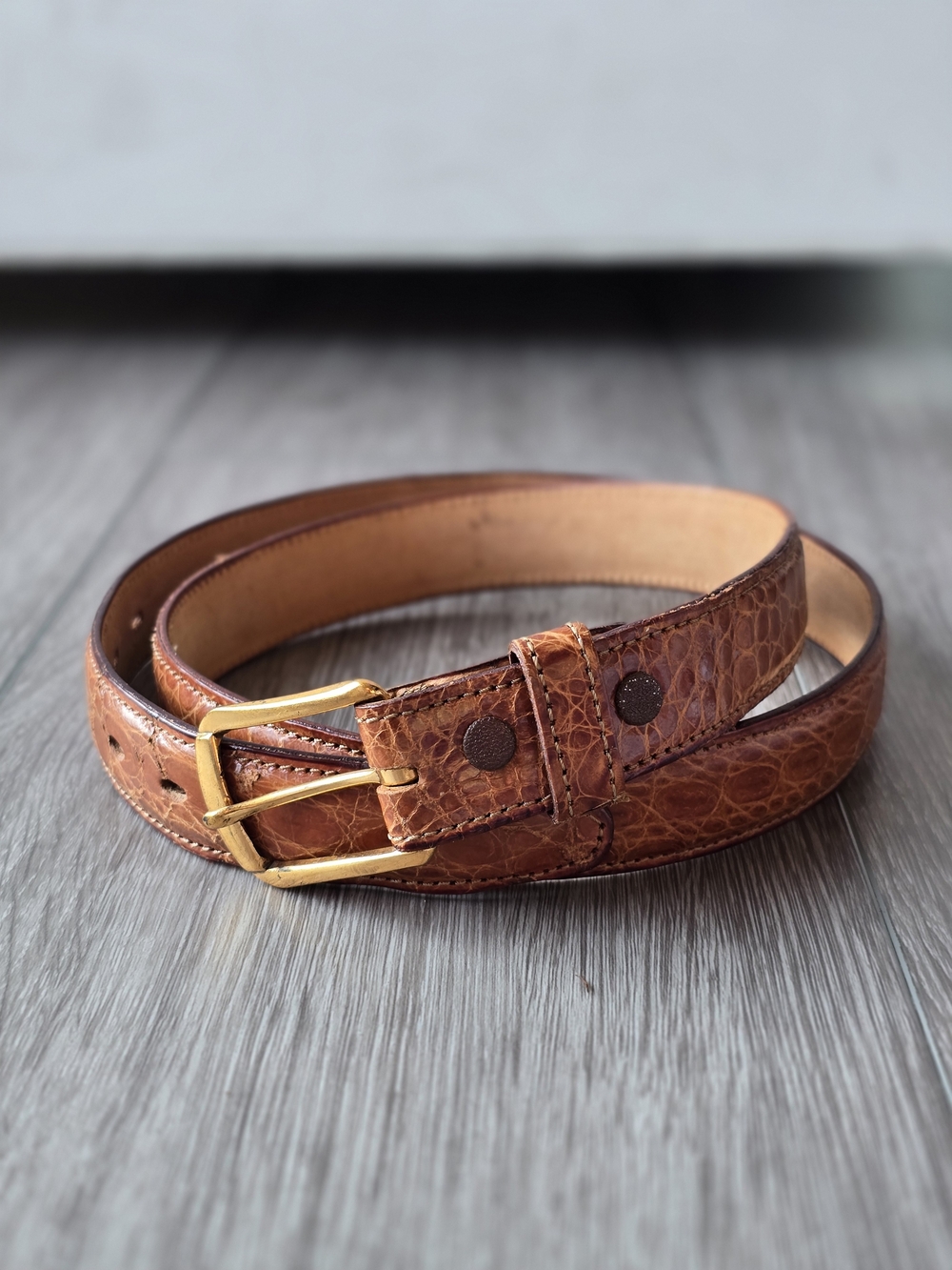 Genuine Alligator Belt Mens 36 Cognac Tan Brass Buckle Nylon Stitched Exotic
